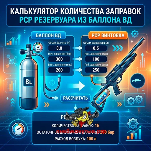 Калькулятор количества заправок PCP резервуара из баллона ВД Калькулятор количества заправок PCP резервуара из баллона ВД